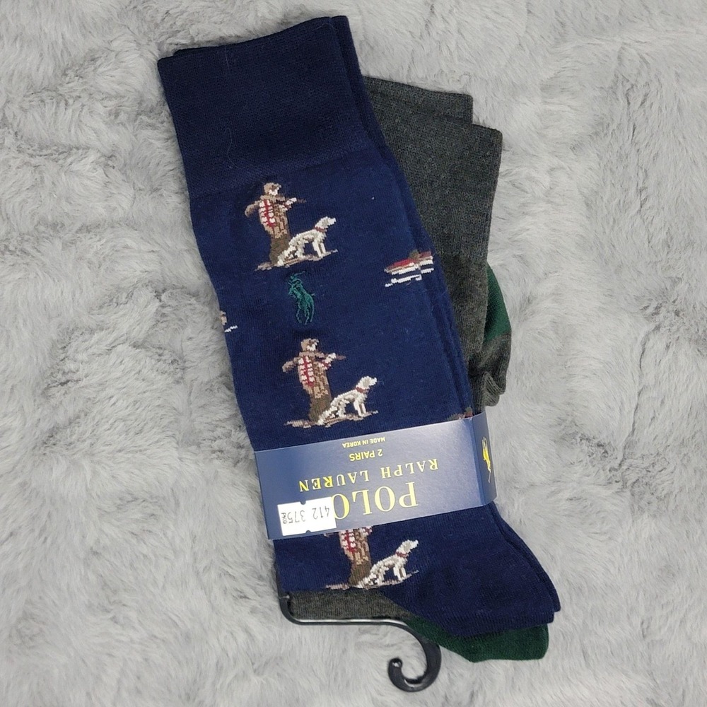 Polo Ralph Lauren Socks Mens 10-13 Navy Hunter Dog Crew 2 Pairs Mid Calf